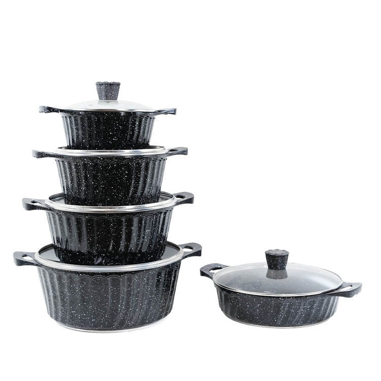 9-Piece Black Granite Speckle Non-Stick Cookware Set with Glass Lids