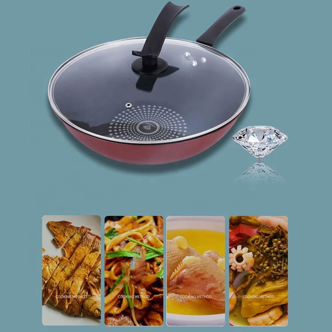 Diamond Non-Stick Wok with Glass Lid – Red 32cm, All Stovetop Compatible
