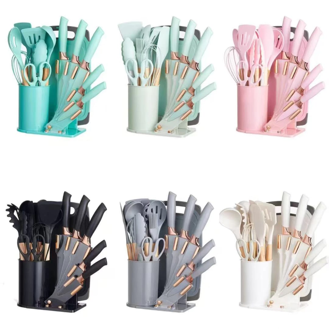 19-Piece Silicone Kitchen Utensil & Knife Set with Holder – 6 Colors, Gold Handles