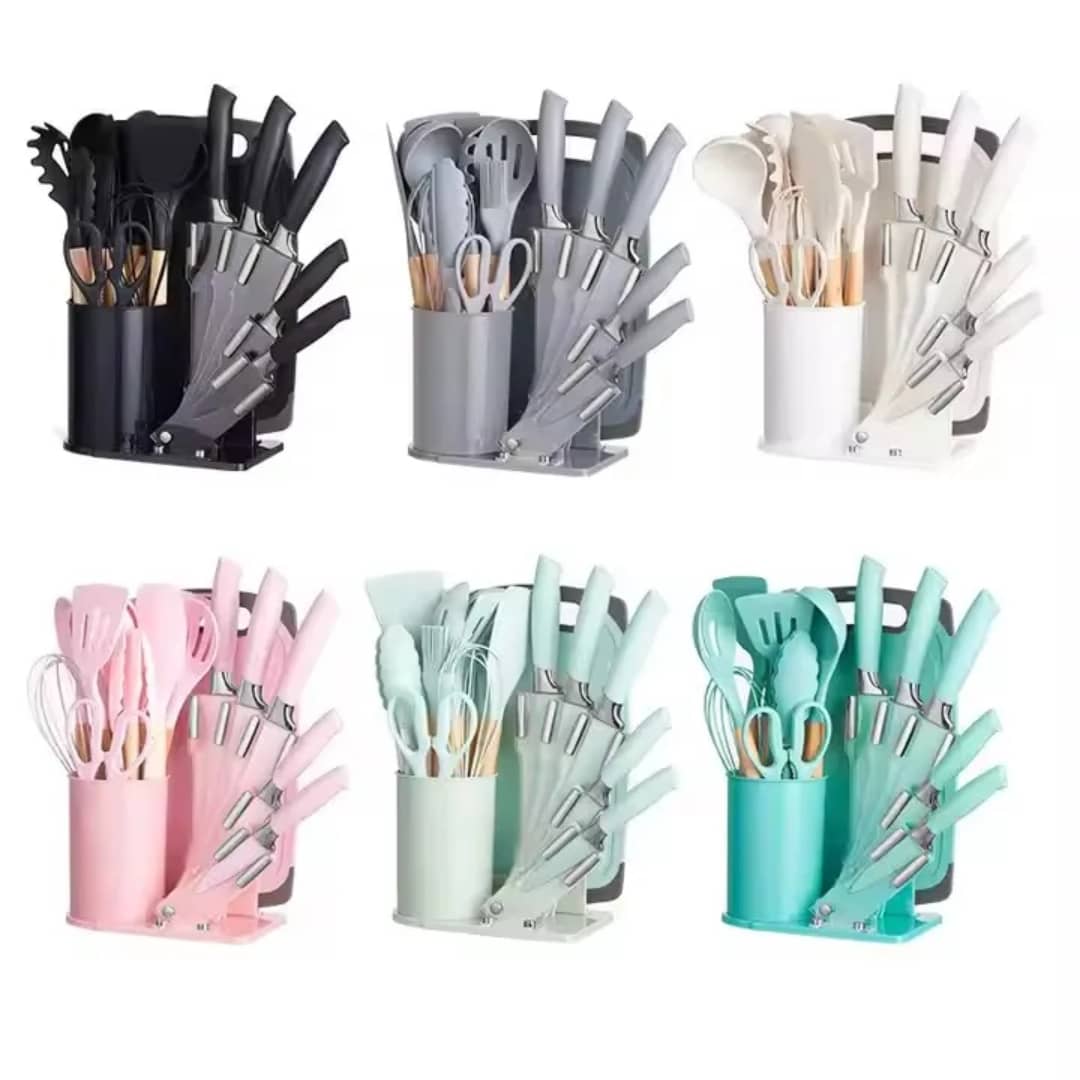 19-Piece Silicone Utensil & Knife Set with Angled Holder – 6 Colors