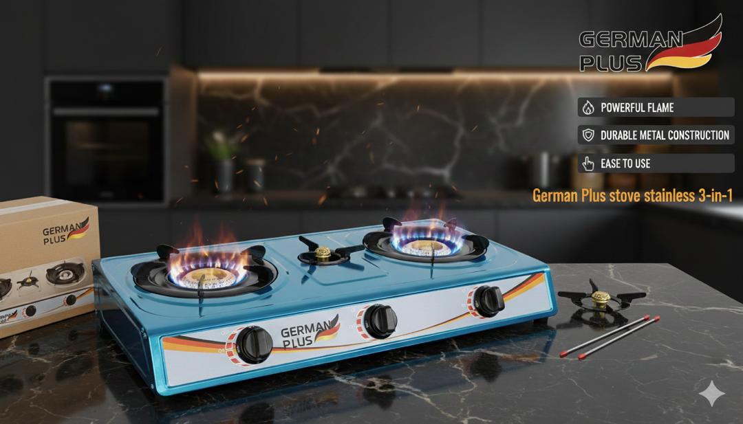 German Plus Stainless 3-in-1 Gas Stove – 2-Burner Tabletop with Powerful Flame