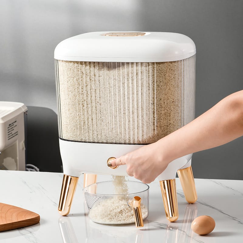 Luxury Automatic Rice Dispenser – 10kg Capacity, White & Gold with Measuring Cup