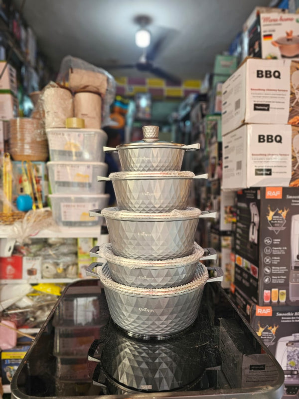 Unique 5-Piece Diamond-Pattern Grey Granite Non-Stick Cookware Set with Glass Lid