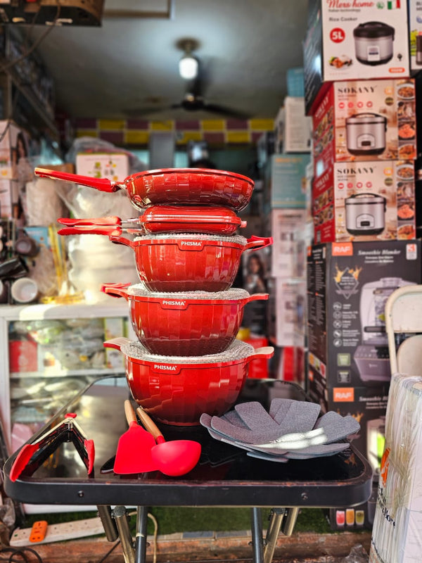 Phisma 4-Piece Red Diamond Non-Stick Cookware Set with Silicone Utensils & Glass Lids