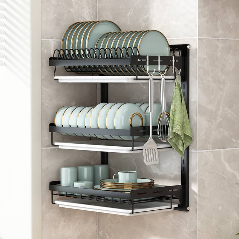 3-Tier Black Wall-Mounted Dish Rack with Plate Slots, Bowl Shelf, Hooks & Drip Tray