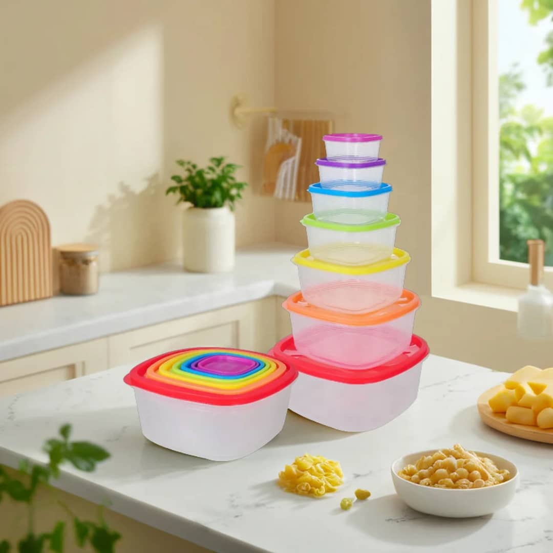 7-Piece Rainbow Nesting Food Storage Container Set – Colorful Lids, Round & Square