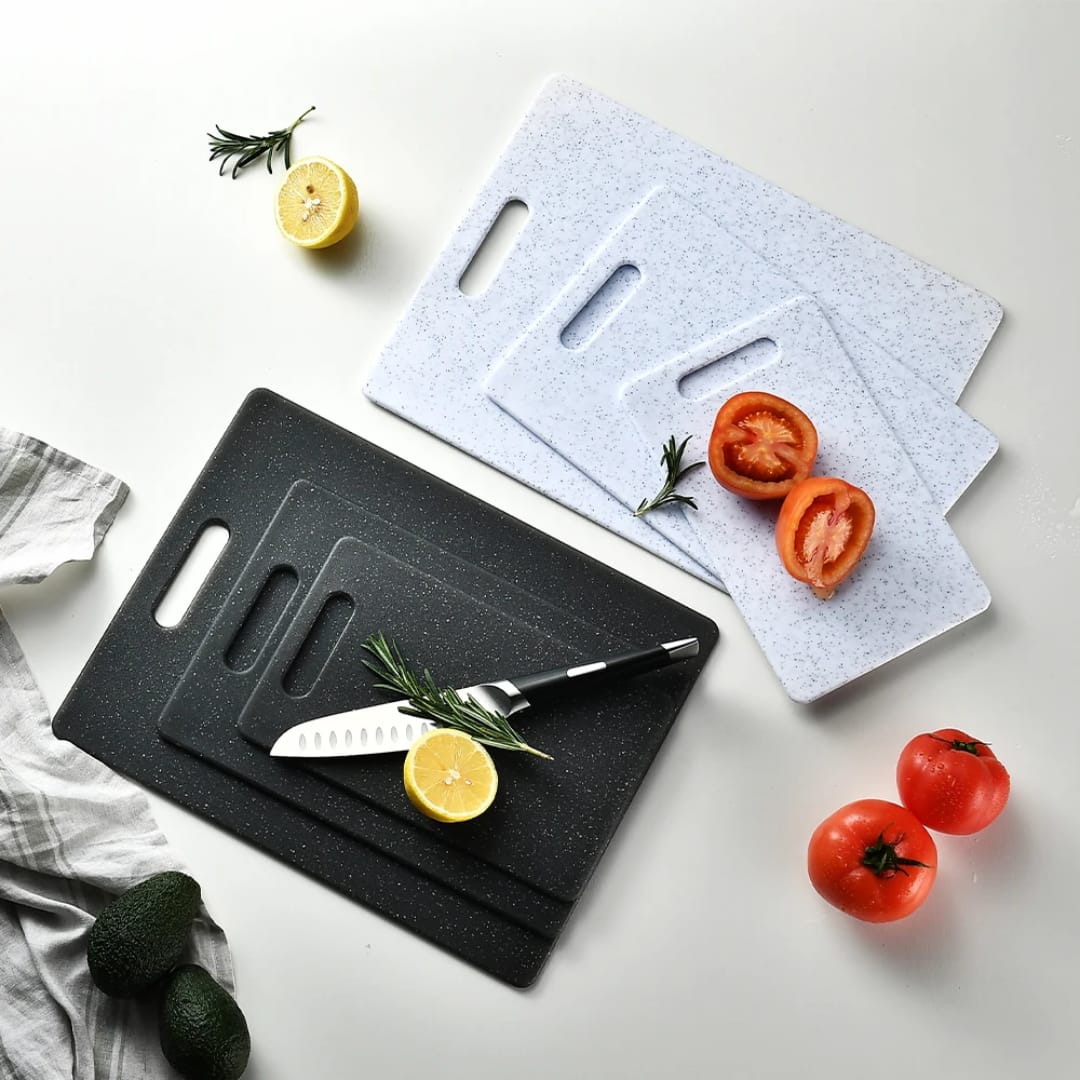 3-Piece Granite Speckle Cutting Board Set – Black & White, Graduated Sizes with Handle Slots