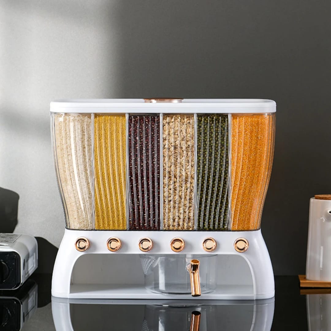 6-Compartment Automatic Grain & Cereal Dispenser – White & Gold, Push-Button, Wall Mountable