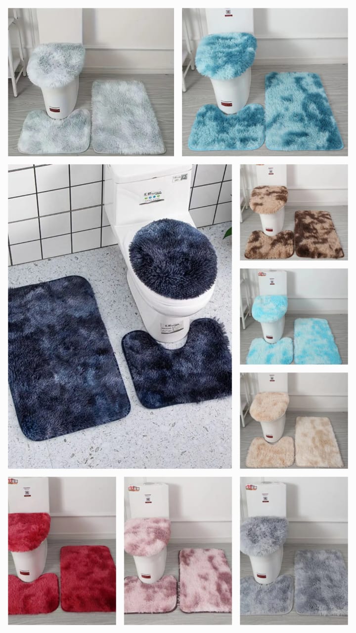3-Piece Fluffy Shaggy Bathroom Mat Set – Toilet Lid Cover, U-Shape & Bath Mat, 8 Colors