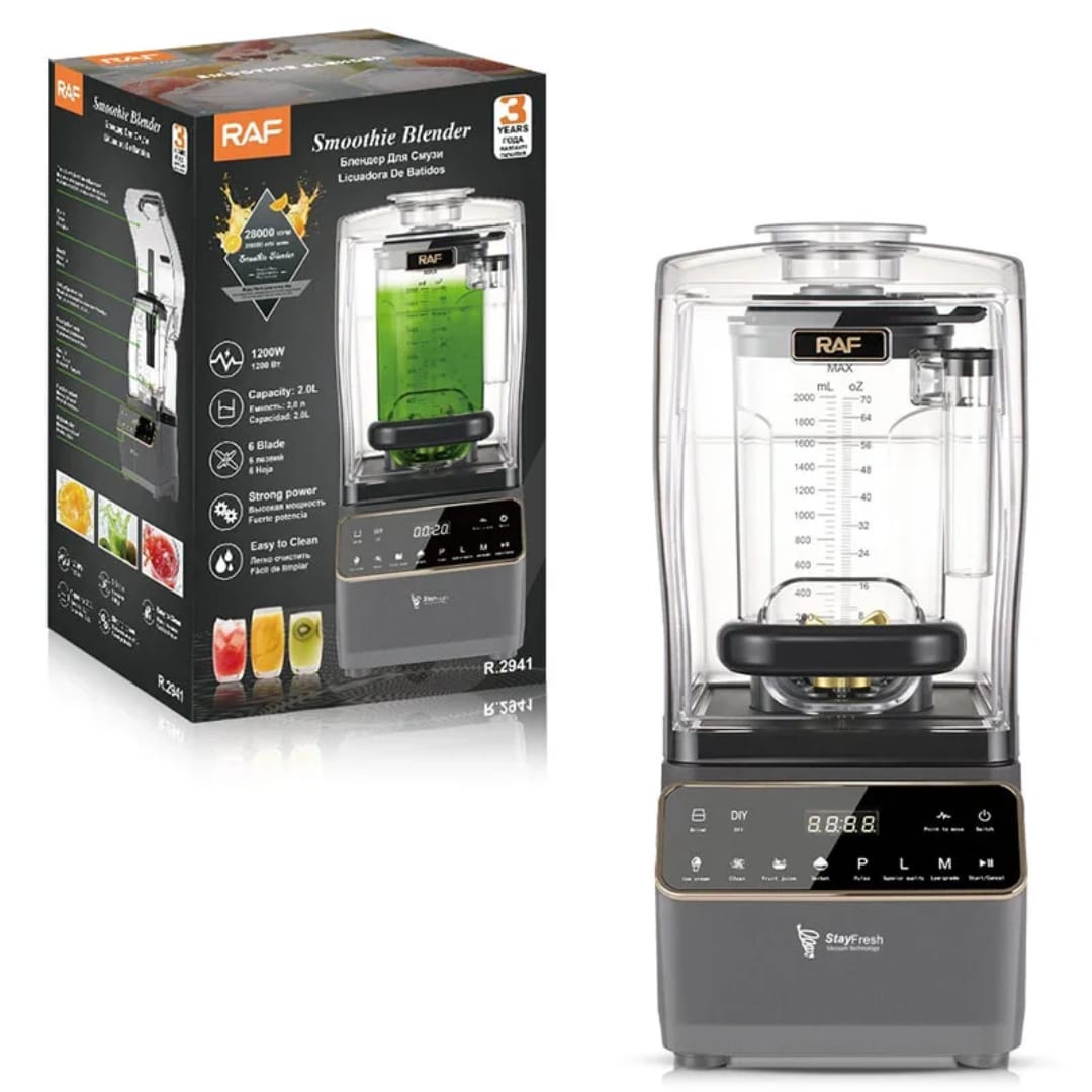 RAF R.2941 Professional Smoothie Blender – 1200W, 2L, 6-Blade, Digital Display, Sound Shield