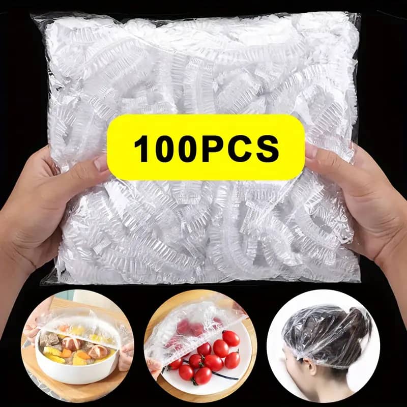 100-Piece Disposable Elastic Food Cover Caps – Clear, Multi-Use for Bowls, Plates & Shower
