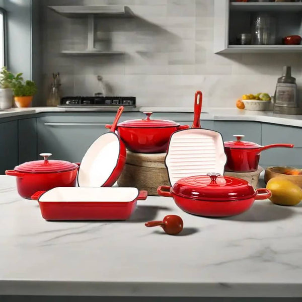 9-Piece Red Enamel Cast Iron Cookware Set – Dutch Ovens, Wok, Grill Pan, Baking Dish & Saucepan