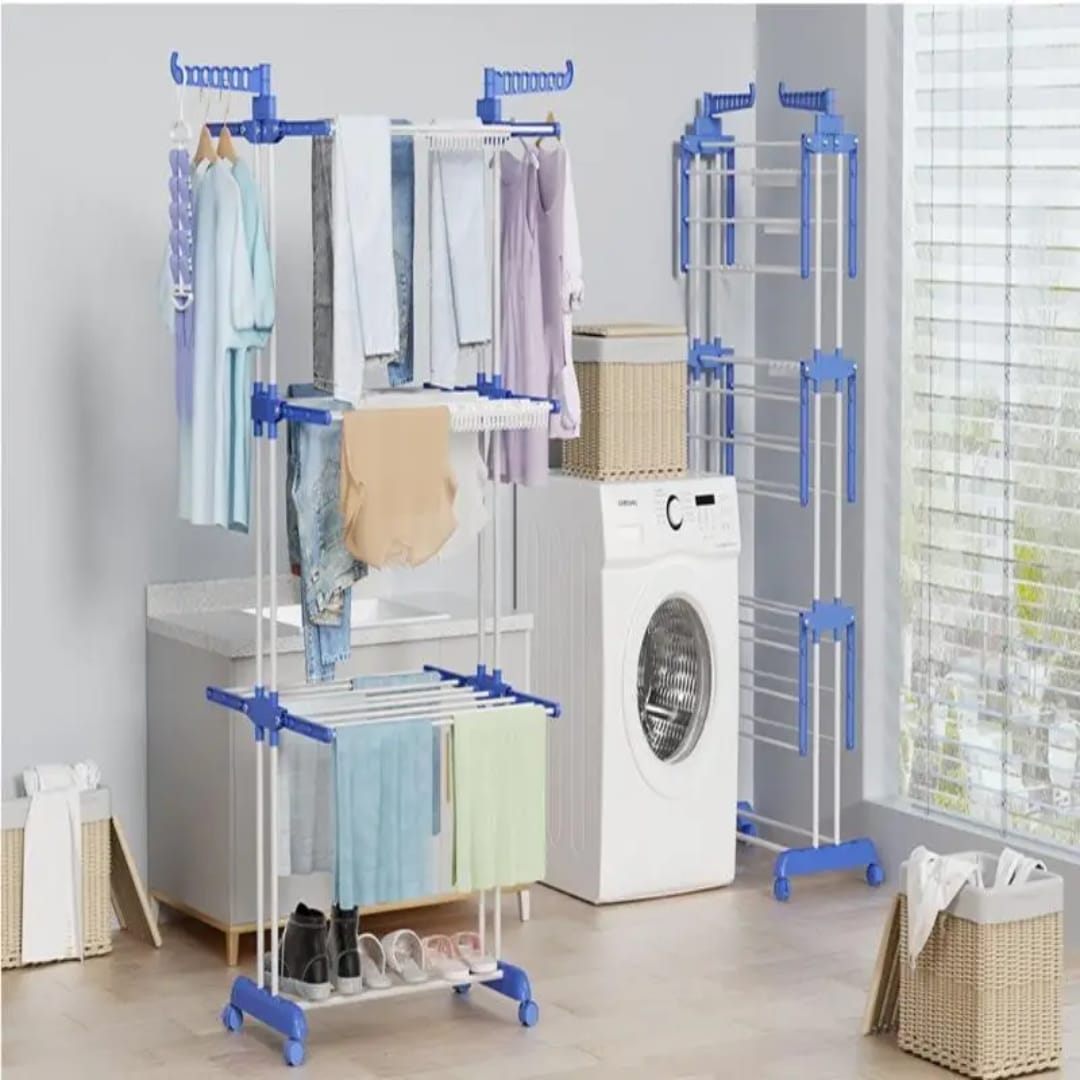 3-Tier Rolling Clothes Drying Rack – Foldable, Blue & Silver, with Wheels & Hanging Bars