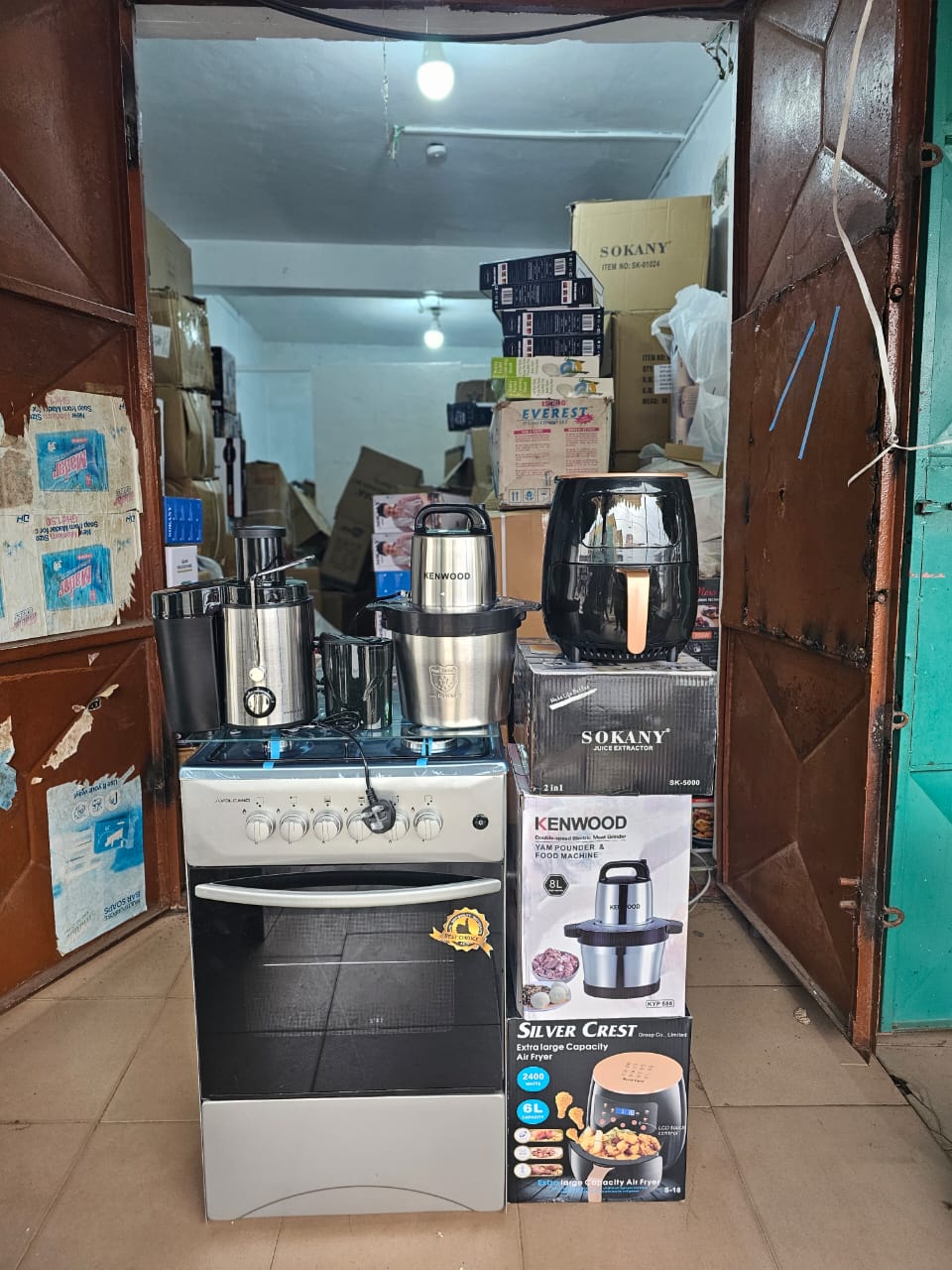 4-Burner Gas Cooker + Sokany Juice Extractor + Kenwood Yam Pounder + Silver Crest Air Fryer Combo