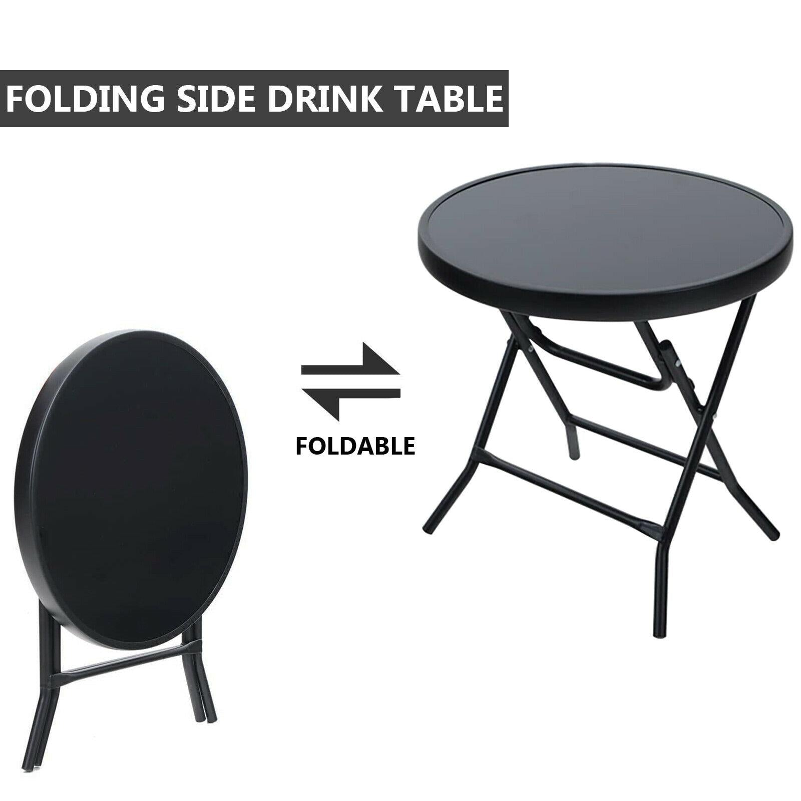 Folding Round Glass-Top Side Drink Table – Portable Outdoor & Indoor 60x60