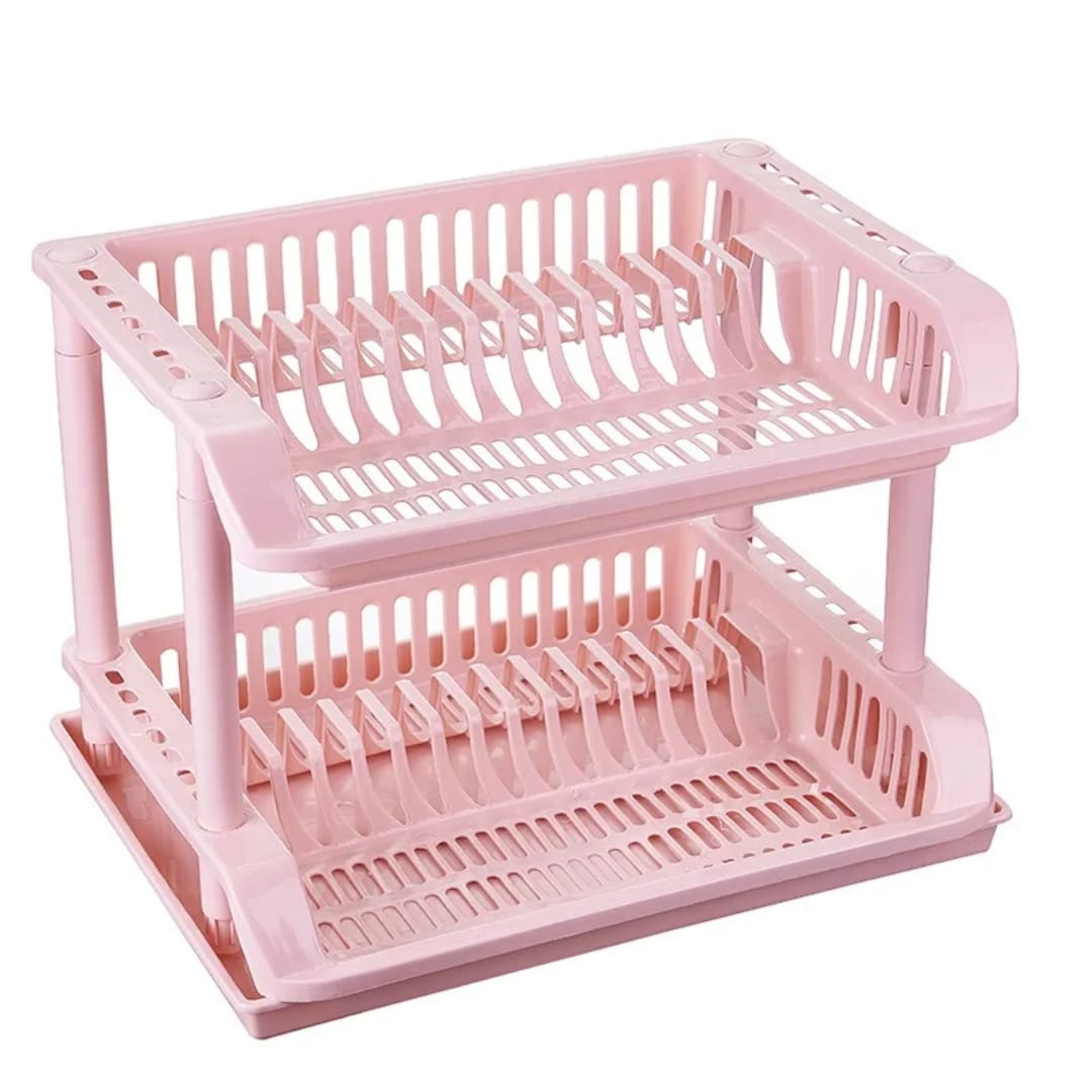 2-Tier Pink Plastic Dish Rack with Drip Tray