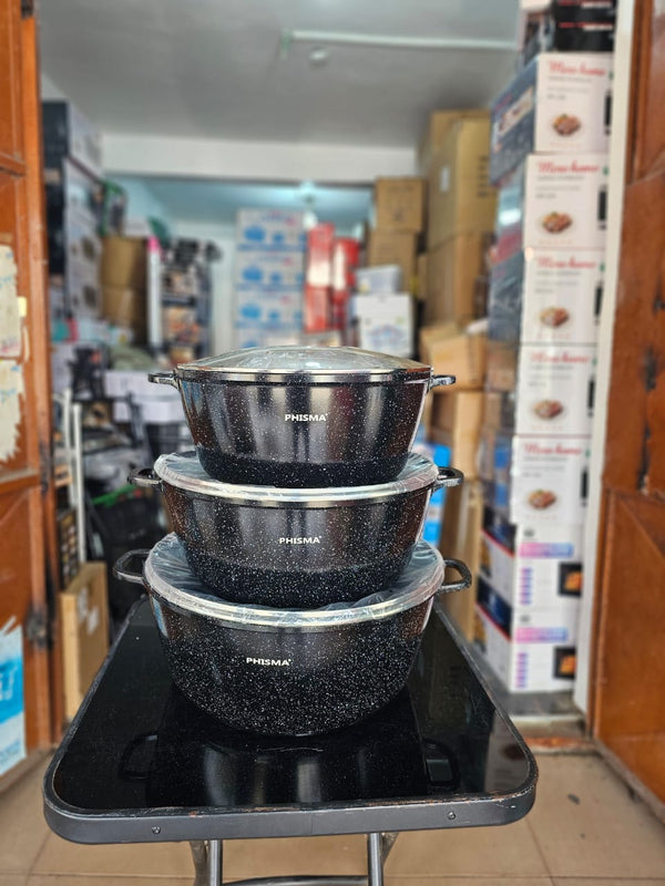 Phisma 3-Piece Black Granite Non-Stick Casserole Set with Glass Lids
